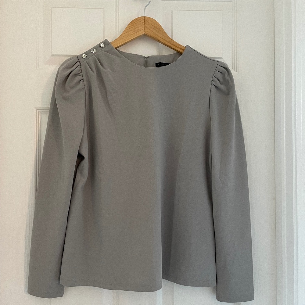 Ann Taylor Jeweled Button Puff Sleeve Top Grey, Size M